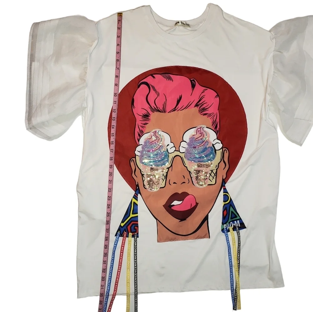 Novelty Print Sequin T-Shirt Mini Dress Size 2X ? Ice Cream Tassels Bell Sleeve - Picture 13 of 14